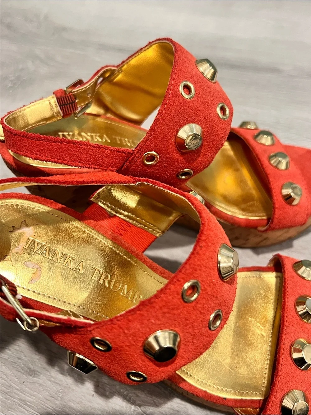 Ivanka Trump Coral Suede Cork Wedge Sandals with Gold Studs Size 5